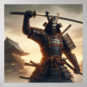 Poster Samurai Warrior en armure noire avec lumière drama
