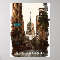San Antonio Texas Vintage City Travel Watercolor