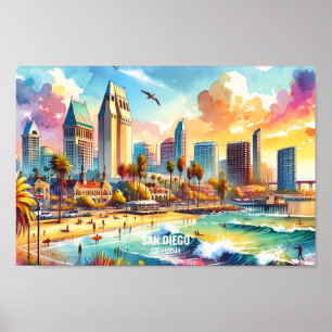 Poster San Diego California Travel Places aquarelle