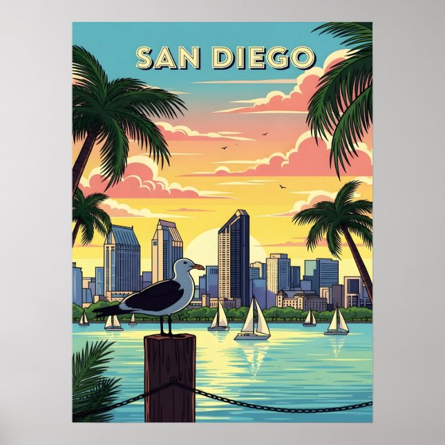 Poster San Diego, Californie avec mouette (Devant)