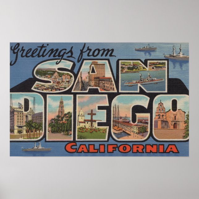 Poster San Diego, Californie - Grandes Lettres Scènes 2 (Devant)