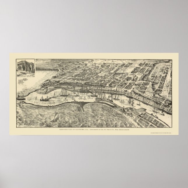Poster San Pedro, CA Carte panoramique - 1905 (Devant)