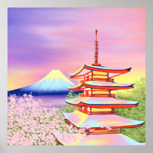 Poster Sanctuaire de la Pagode avec le Mont Fuji et Sakur