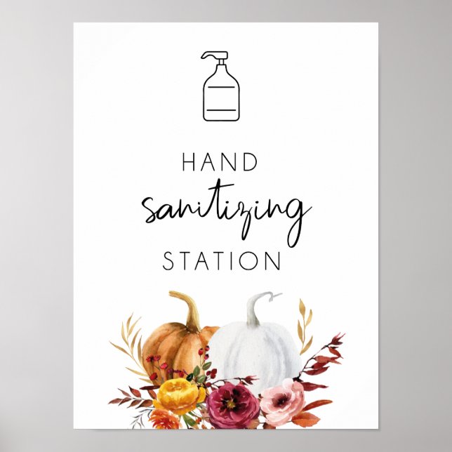 Poster Sanitaire à la main Station Citrouilles floraux (Devant)