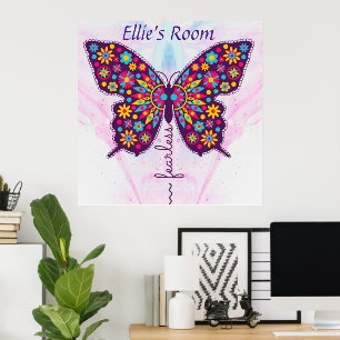Poster Sans peur ! Papillon hippie boho funky Nom modifia