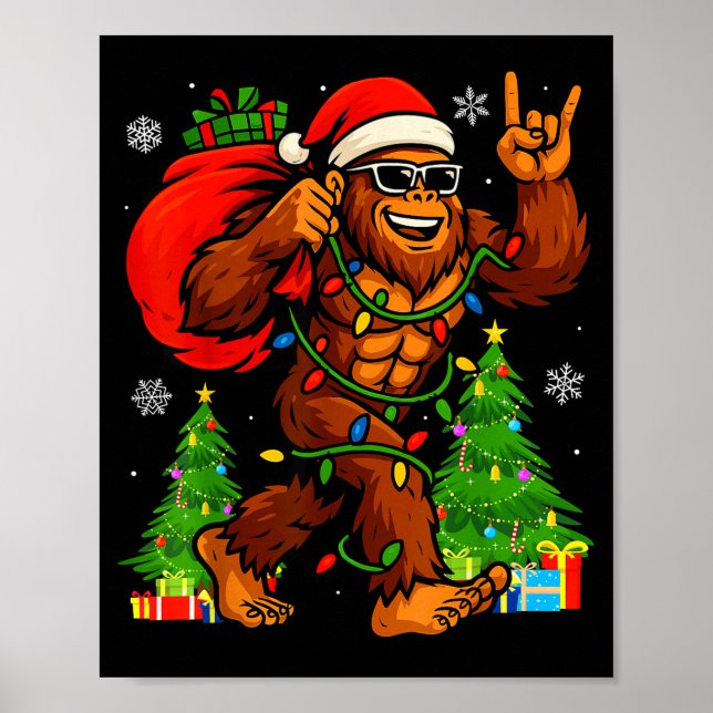 Poster Santa Bigfoot Christmas Tree Xmas Lights Funny Sas (Devant)