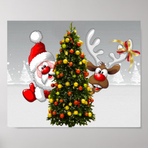 Poster Santa claus and reindeer behind a christmas tree.j