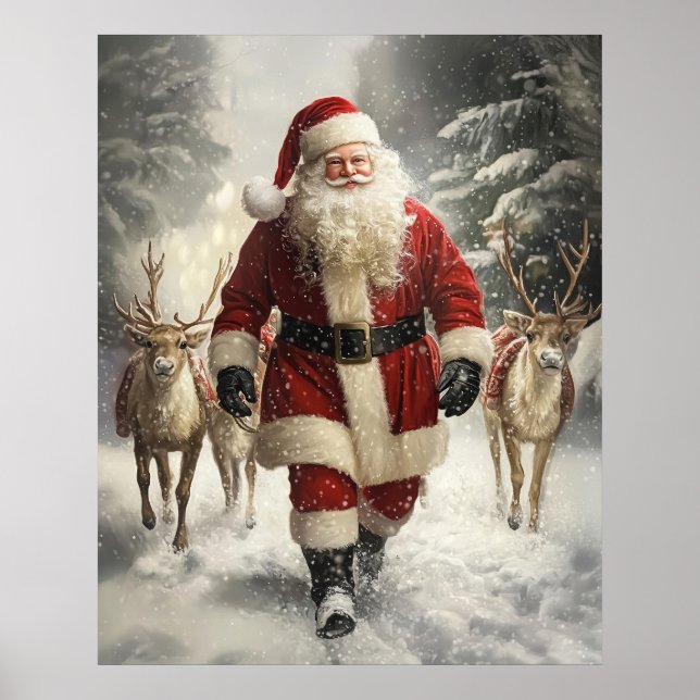 Poster Santa Claus and Reindeer Christmas Wall Art (Devant)