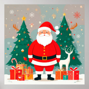 Poster Santa Claus avec arbre de Noël et cadeaux
