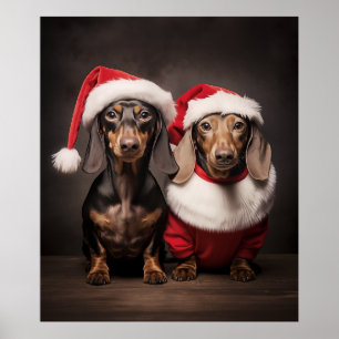 Poster Santa Claus Dachshund Twins