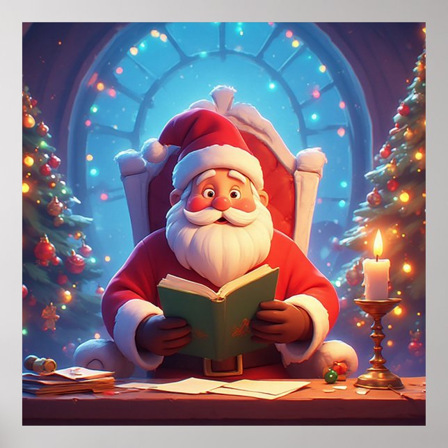 Poster Santa Claus Reading a Book by Candlelight (Devant)