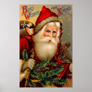 Poster Santa Claus vintage avec bâton de marche