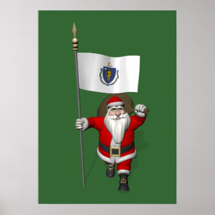 Poster Santa Claus With Ensign Of Massachusetts