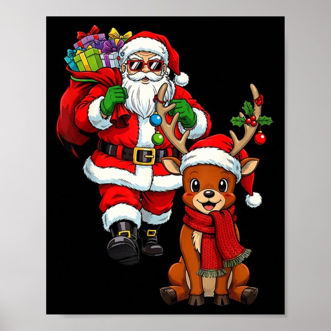 Poster Santa Claus With Reindeer And Cool Christmas  (Devant)