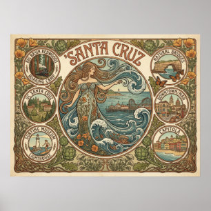 Poster Santa Cruz Californie Art‑Nouveau Côtière