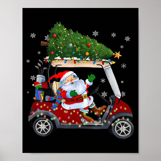 Poster Santa Golf Cart Christmas Tree Lights Xmas Golfer  (Devant)