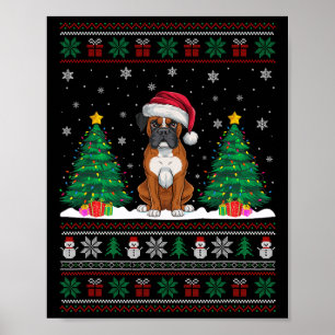 Poster Santa Hat Boxe Chien de Noël Lumières Arbre de Noë