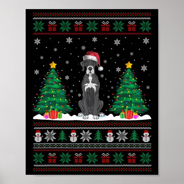 Poster Santa Hat Great Dane Chien Noël Arbre Lumières Ugl (Devant)
