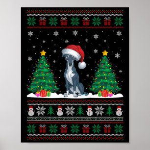 Poster Santa Hat Greyhound Chien Noël Lumières des arbres