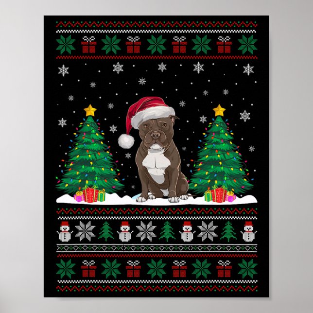 Poster Santa Hat Pitbull Chien de Noël Lumières Arbre S (Devant)