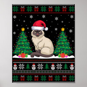 Poster Santa Hat Siamese Chat Noël Arbre Lumières Laid S