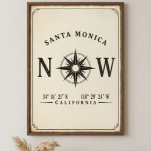 Poster Santa Monica Californie Coordonnées Design Vintage