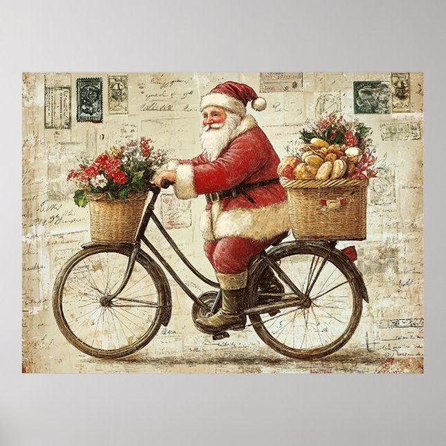 Poster Santa on a Bike, vintage, (Devant)