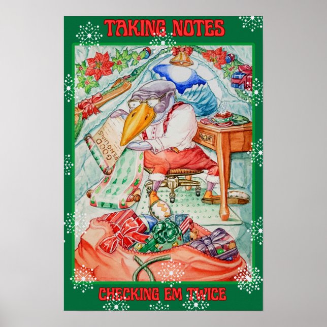 POSTER SANTA PENGUIN TAKING NOTES CHECKING EM TWICE  (Devant)