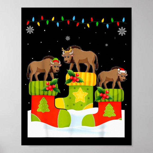 Poster Santa Reindeer Elf Wildebeest In Christmas Socks U (Devant)