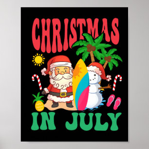 Poster Santa surfant sur la plage hawaïenne de Noël en ju