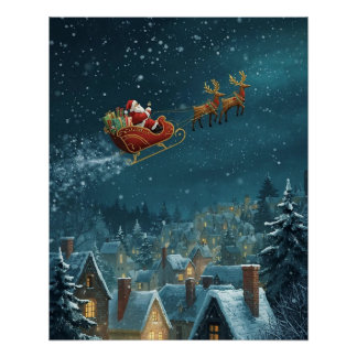 Poster „Santas Schlitten über der Stadt“