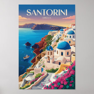 Poster Santorin Grèce Dôme Bleu Voyage Art Vintage