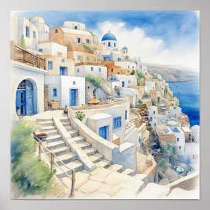 Poster Santorini Grèce Carré de peinture aquarelle