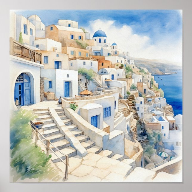 Poster Santorini Grèce Carré de peinture aquarelle (Devant)