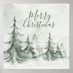 Poster Sapins de Noël à l'aquarelle Hiver, Fête de Noël