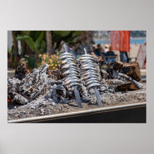 Poster Sardines fraîches grillant sur la flamme ouverte s