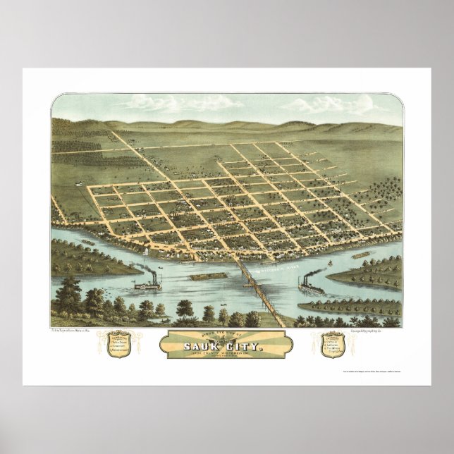 Poster Sauk City, WI Carte panoramique - 1870 (Devant)