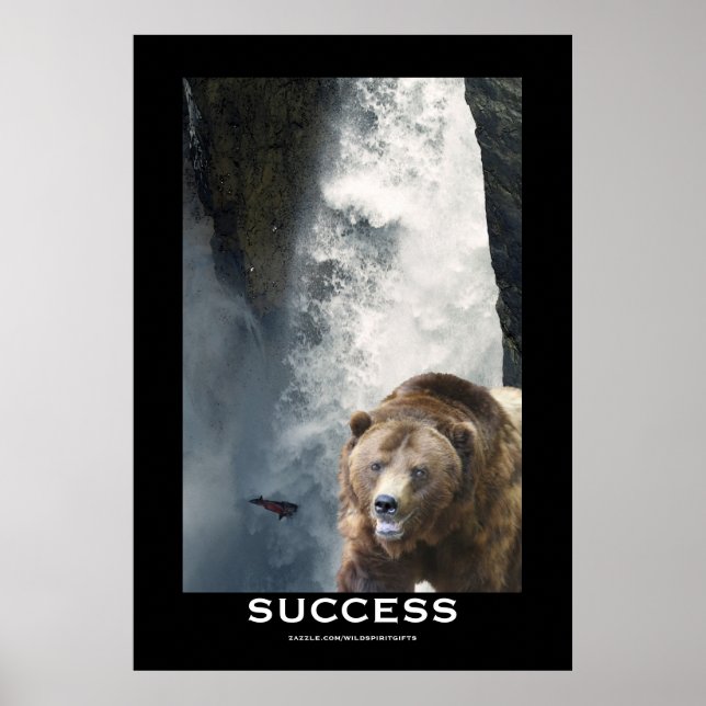 Poster Saumon d'ours Grizzly et chute d'eau (Devant)