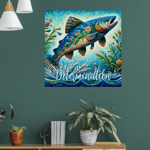 Poster Saumon Mosaïque Florale Bleue Personnalisée