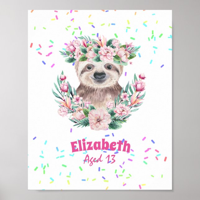 Poster Saupoudrer SLOTH Boho Girls Pink Flowers Cadeaux m (Devant)