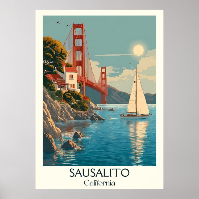 Poster Sausalito California Art Print | Baie de Charming (Devant)
