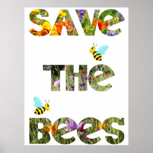 Poster Sauver les abeilles, lettres fleuries avec abeille