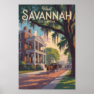 Poster Savannah Georgia Horse Carriage Illustration Retro