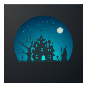 Poster Scary and Fun Blue and Black Haunted House