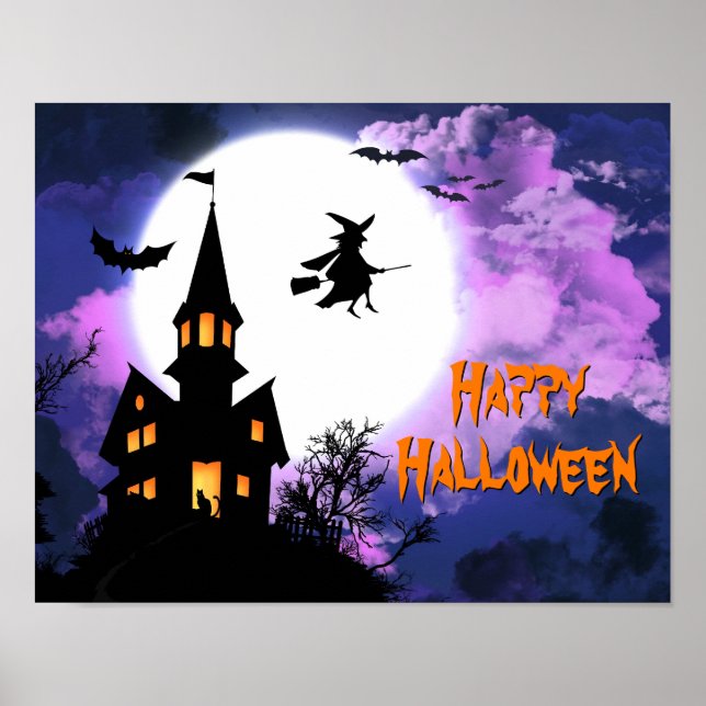 Poster Scary Haunted Château Volant Sorcière Halloween fê (Devant)