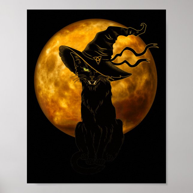 Poster Scary Vintage Chat Noir Avec Sorcière Pleine lune  (Devant)