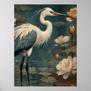 Poster scène botanique vintage grue bleue et lotus aussi