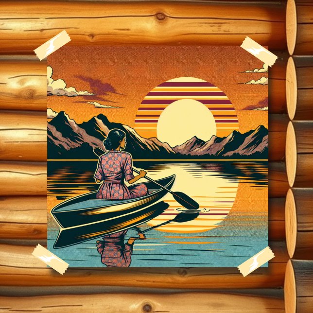 Poster Scène Camping vintage Femme Kayak (Créateur téléchargé)