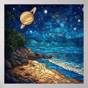 Poster Scène côtière sous un ciel étoilé