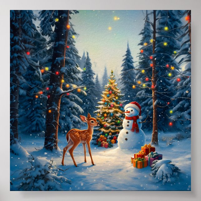 Poster Scene d'arbre de Noël Cute Deer Fawn Snowman (Devant)